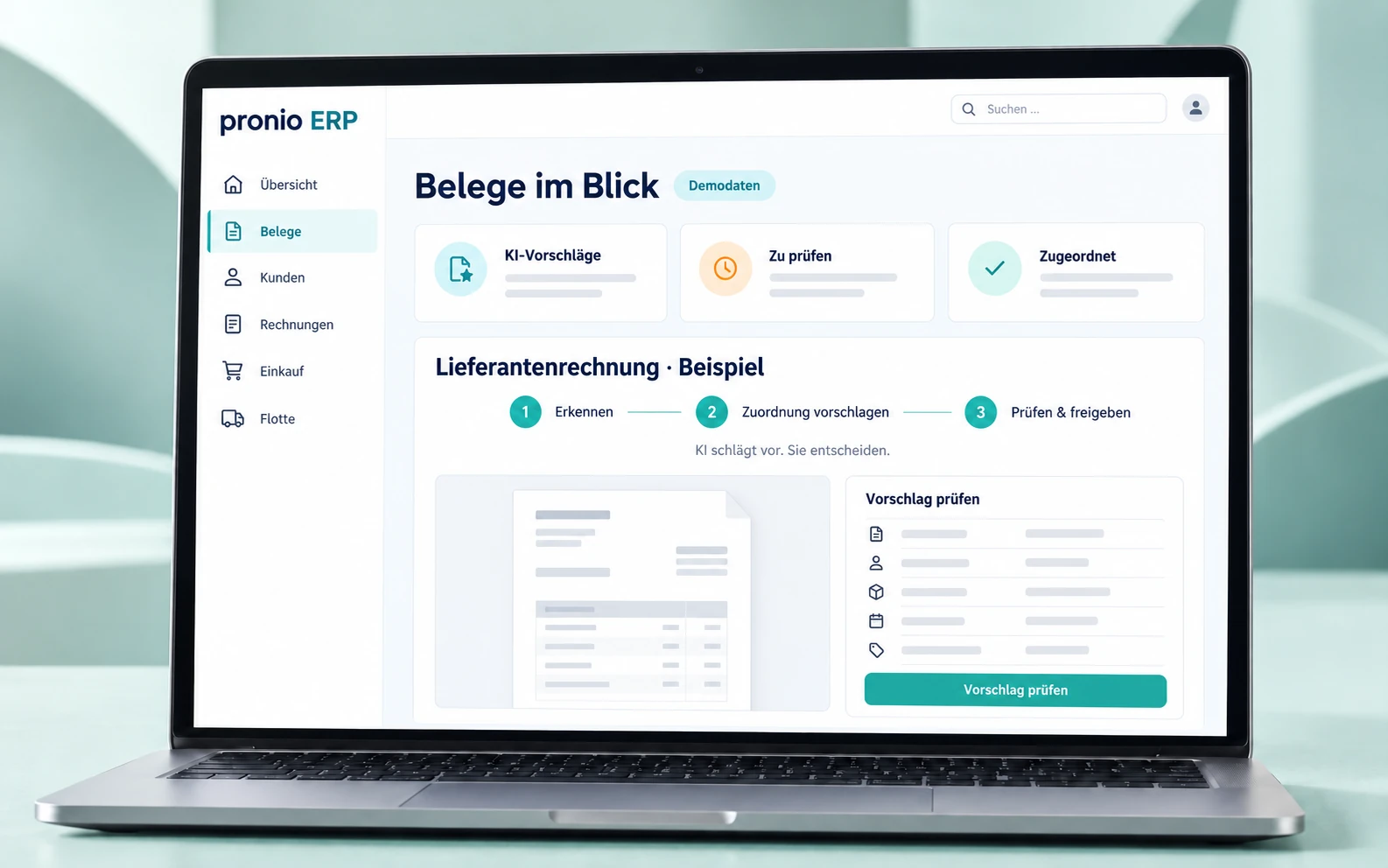 Pronio ERP – neutrale Produktvisualisierung mit KI-Vorschlägen, Belegprüfung und Demodaten