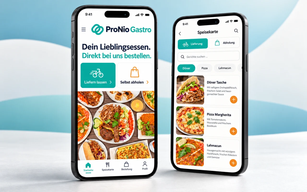ProNio Gastro – Produktvisualisierung mit zwei Smartphones, digitaler Speisekarte und Demodaten