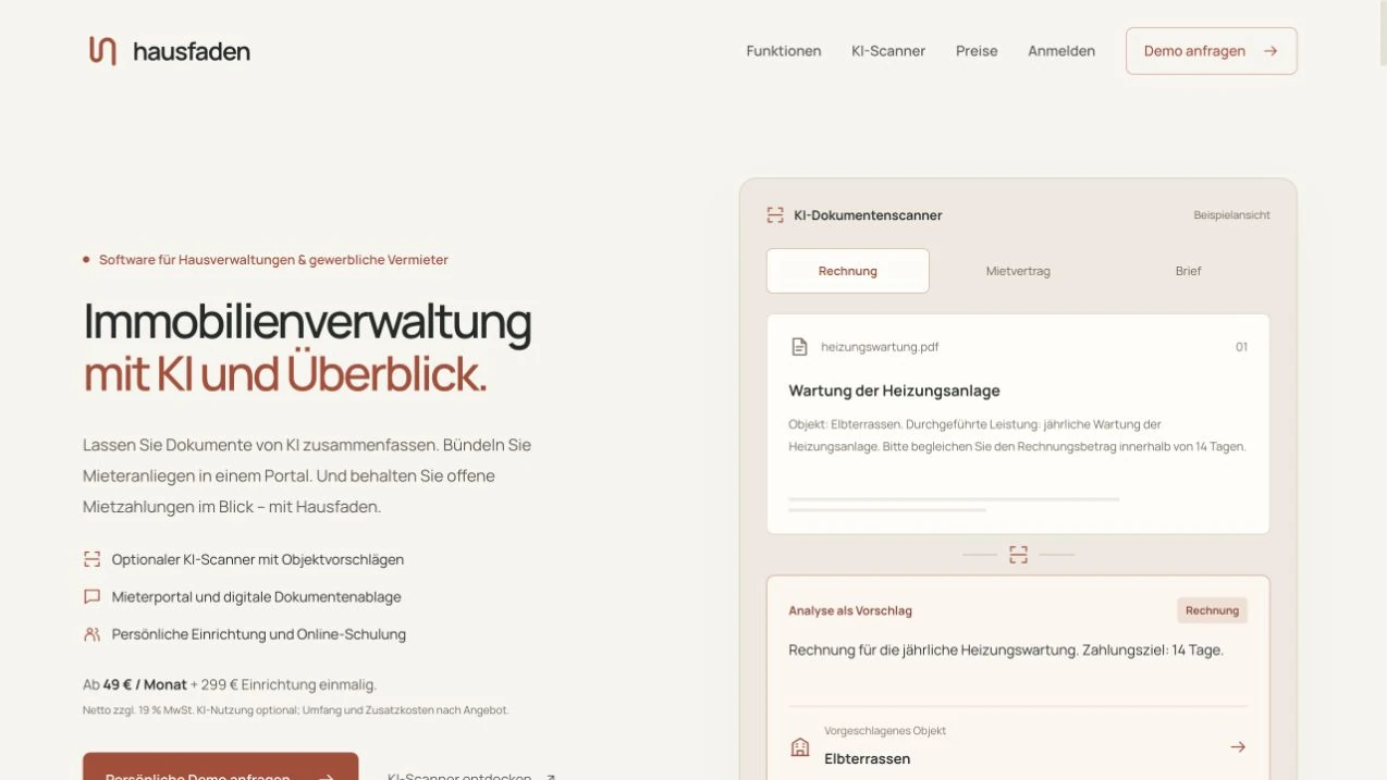 Echter Screenshot der Hausfaden-Website mit Immobilienverwaltung und KI-Dokumentenscanner